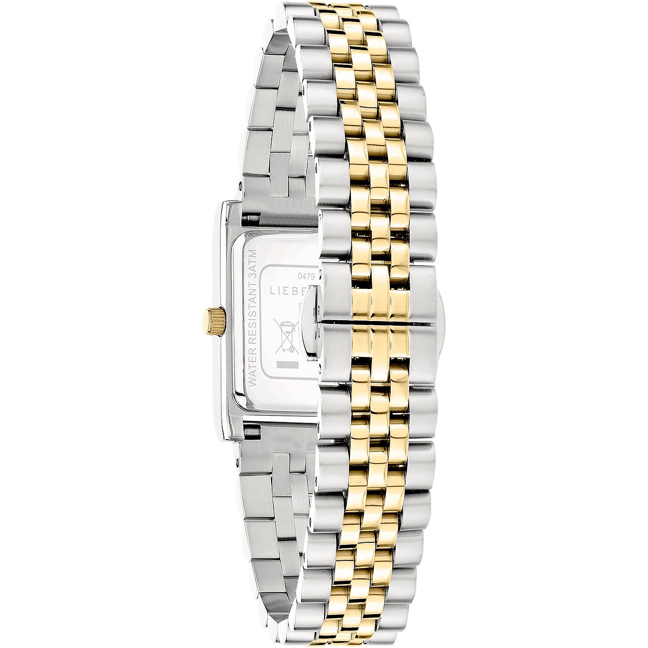 Rückansicht der Liebeskind Damenuhr aus Edelstahl, mit einem Armband in Silber und Gold.