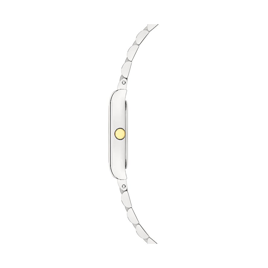 Seitenansicht der Liebeskind Damenuhr aus Edelstahl mit einem runden, goldfarbenen Element an der Seite.