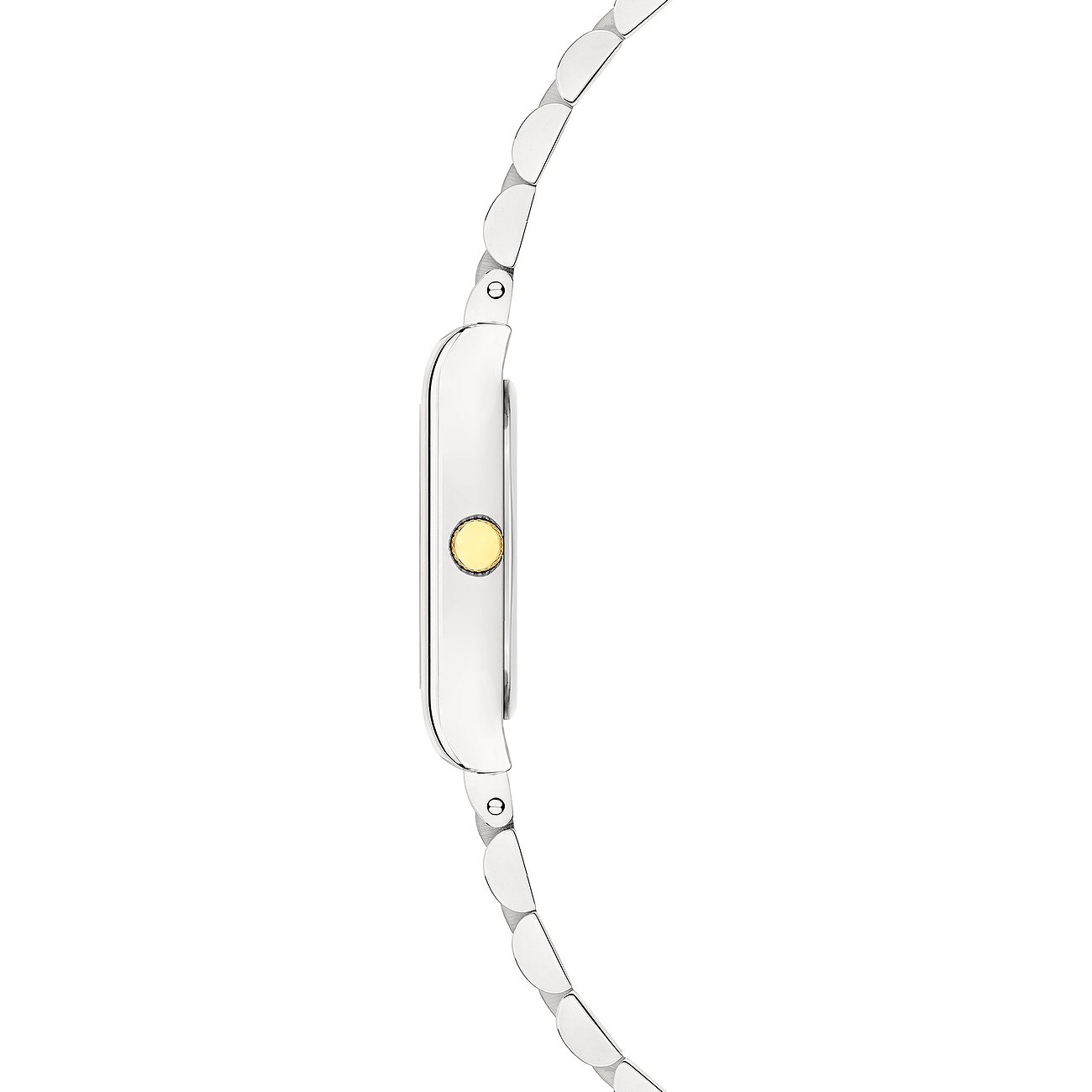 Seitenansicht der Liebeskind Damenuhr aus Edelstahl mit einem runden, goldfarbenen Element an der Seite.