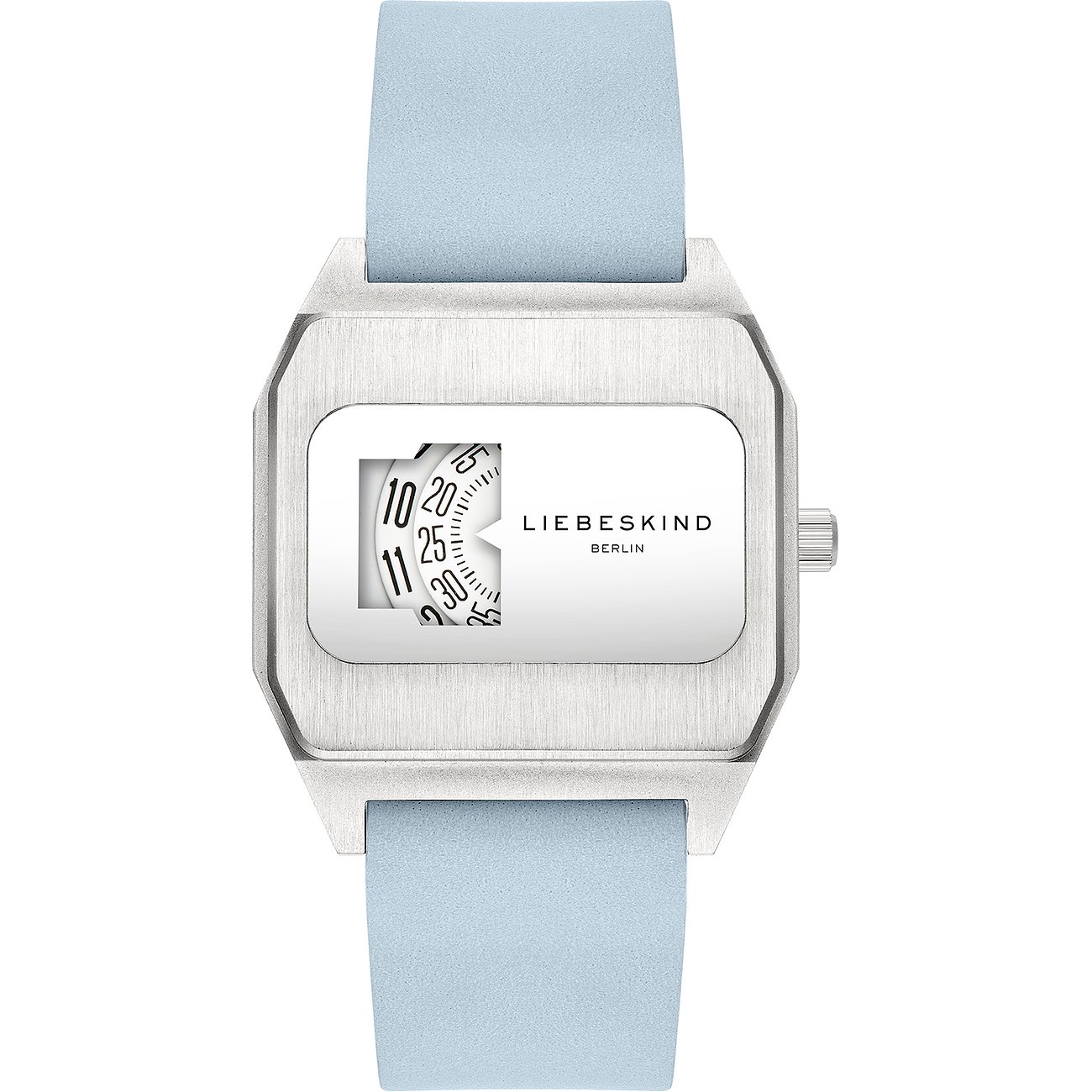 Liebeskind damklocka i rostfritt stål med fyrkantig display och blått armband, frontupplyst.