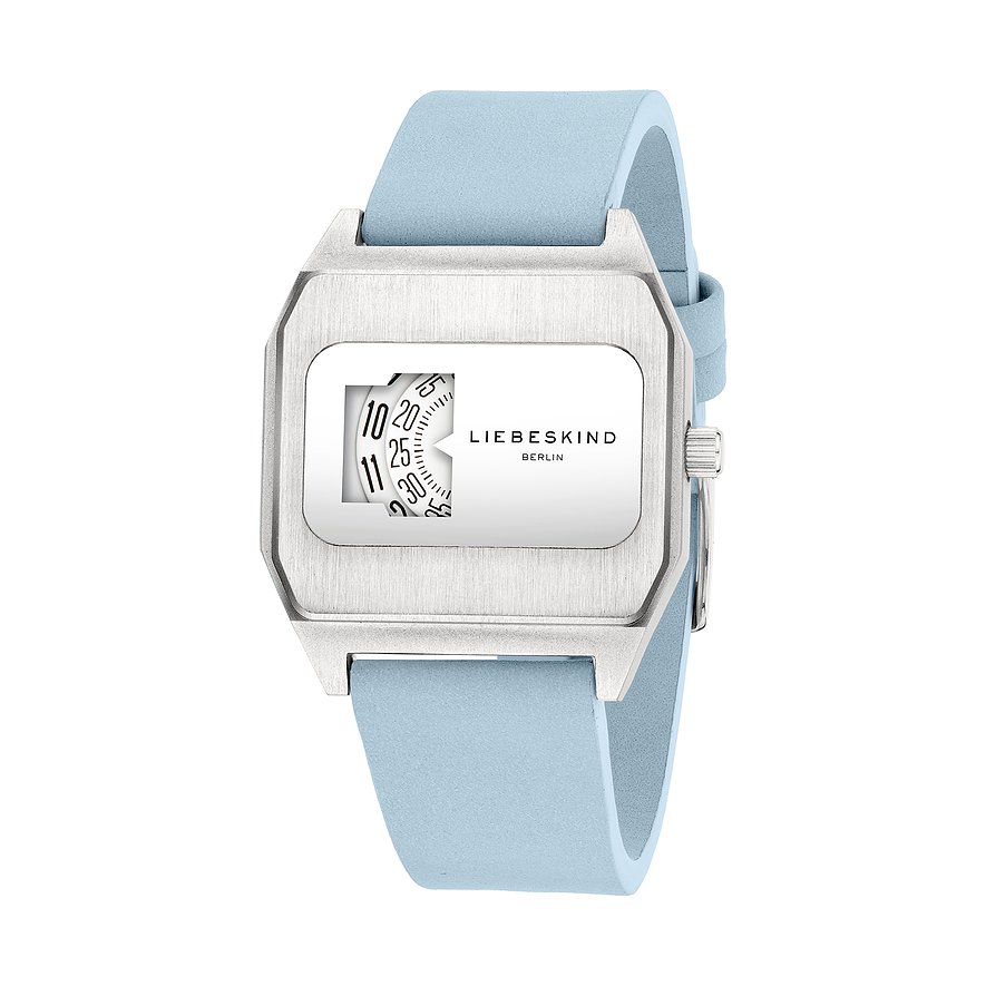 Närbild av en Liebeskind damklocka i rostfritt stål med fyrkantig, borstad boett och ljusblått armband.