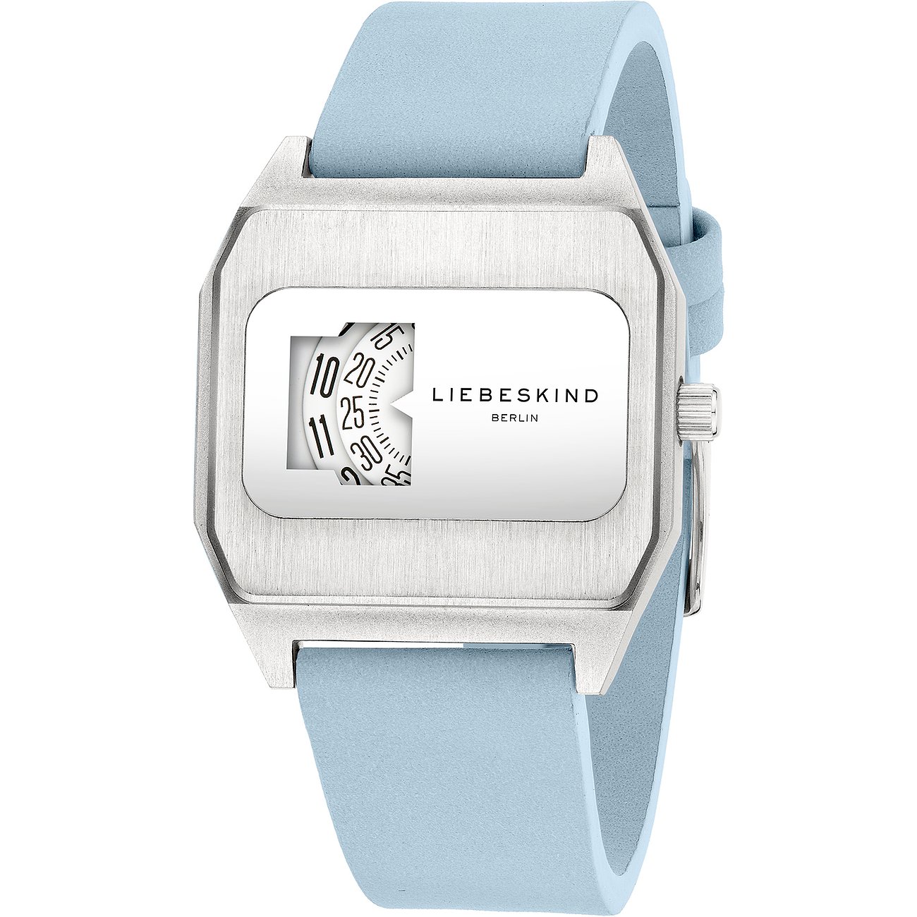 Närbild av en Liebeskind damklocka i rostfritt stål med fyrkantig, borstad boett och ljusblått armband.