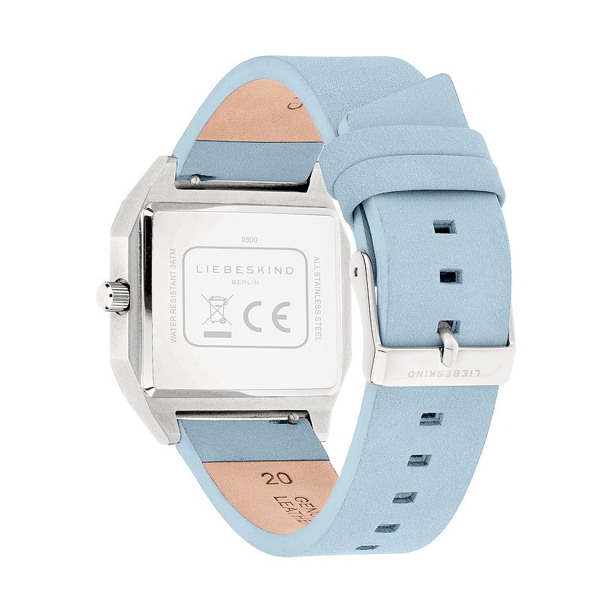 Baksidan av en Liebeskind damklocka i rostfritt stål med fyrkantig boett och ljusblått textilarmband.