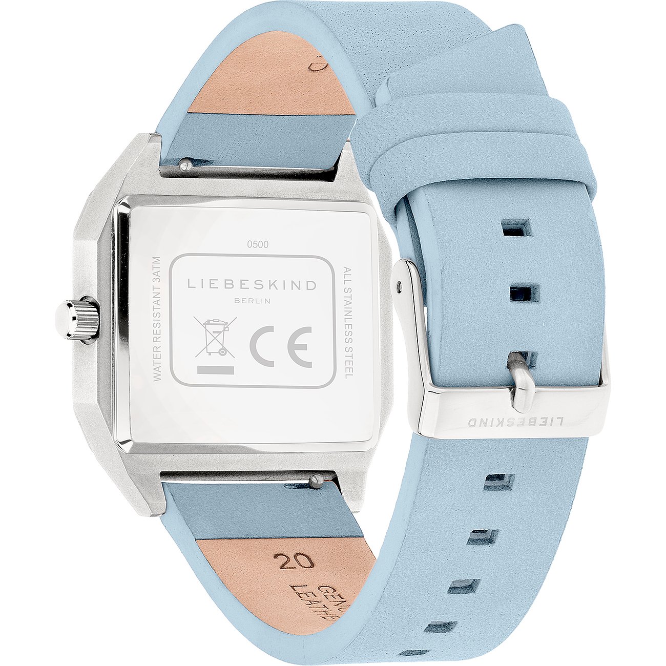 Baksidan av en Liebeskind damklocka i rostfritt stål med fyrkantig boett och ljusblått textilarmband.