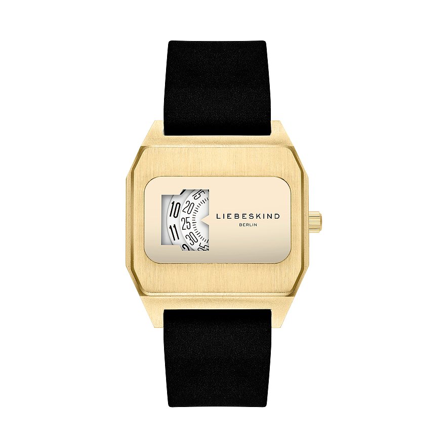 Orologio Liebeskind da donna in acciaio inossidabile color oro con cinturino nero. Minuti visibili su rullo.