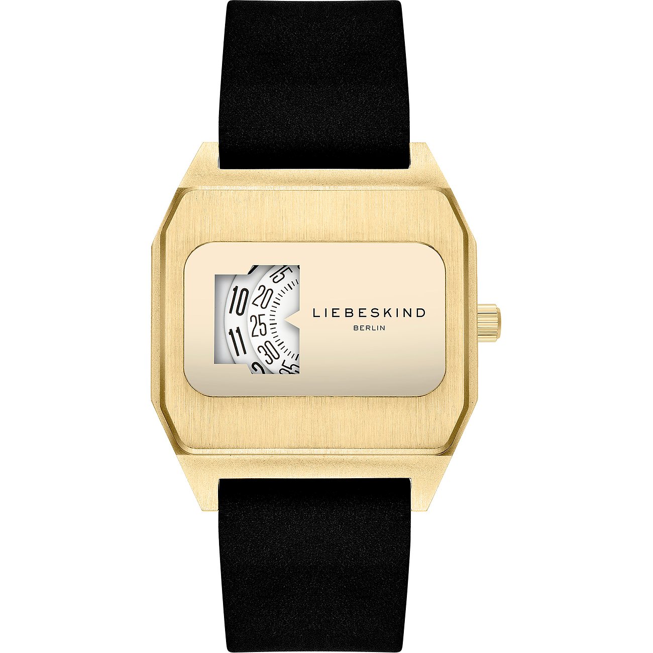 Orologio Liebeskind da donna in acciaio inossidabile color oro con cinturino nero. Minuti visibili su rullo.