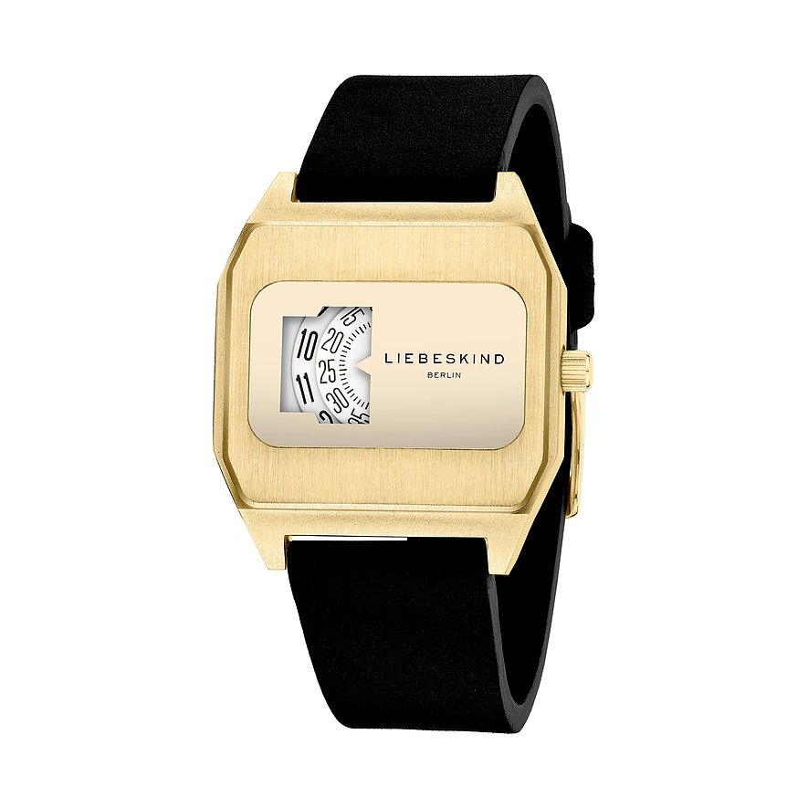 Vista dall'alto: orologio da donna Liebeskind color oro in acciaio inossidabile con quadrante rettangolare e cinturino nero.