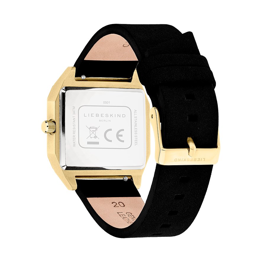 Vista posteriore orologio donna Liebeskind in acciaio inox color oro con cinturino nero e iscrizione.