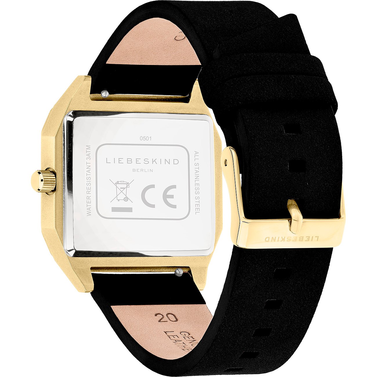 Vista posteriore orologio donna Liebeskind in acciaio inox color oro con cinturino nero e iscrizione.