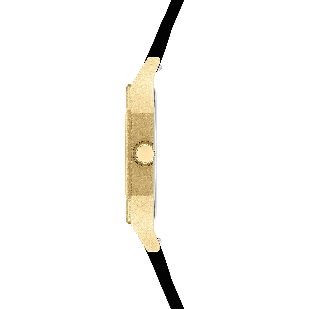 Vista laterale di un orologio da donna Liebeskind in acciaio inossidabile color oro con cinturino nero.