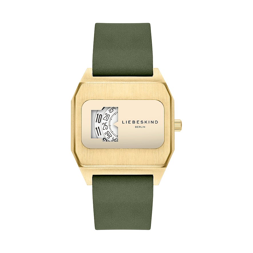 Primo piano di un orologio da donna Liebeskind dorato in acciaio inossidabile con display quadrato e cinturino verde scuro.