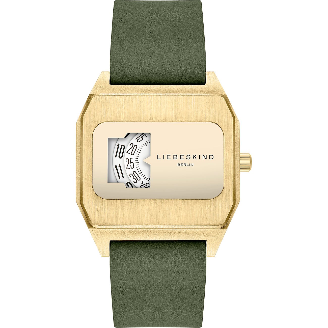 Primo piano di un orologio da donna Liebeskind dorato in acciaio inossidabile con display quadrato e cinturino verde scuro.