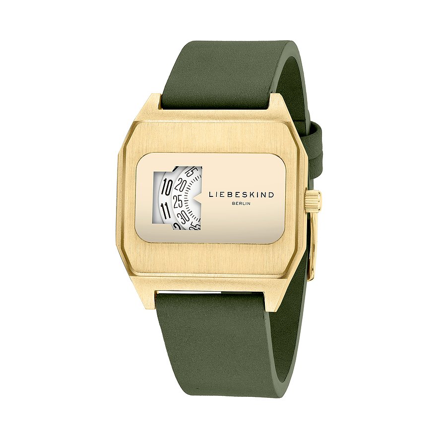 Orologio da donna Liebeskind in acciaio inossidabile color oro, cassa quadrata e cinturino verde su sfondo bianco.
