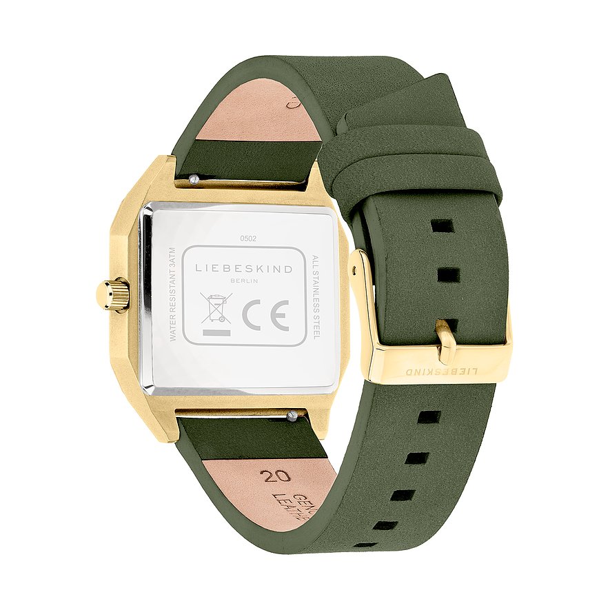 Vista posteriore orologio Liebeskind da donna dorato in acciaio inox con cinturino in pelle verde oliva e fibbia dorata.