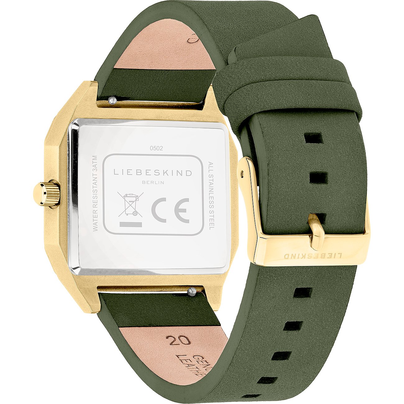 Vista posteriore orologio Liebeskind da donna dorato in acciaio inox con cinturino in pelle verde oliva e fibbia dorata.