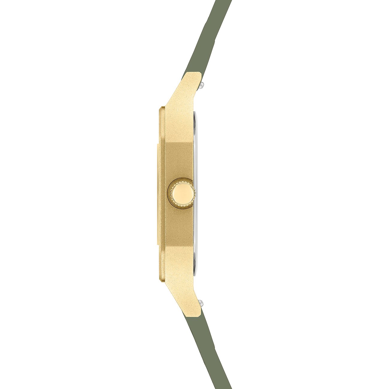 Vista laterale di un orologio da donna Liebeskind, acciaio inossidabile con cassa dorata e cinturino verde.