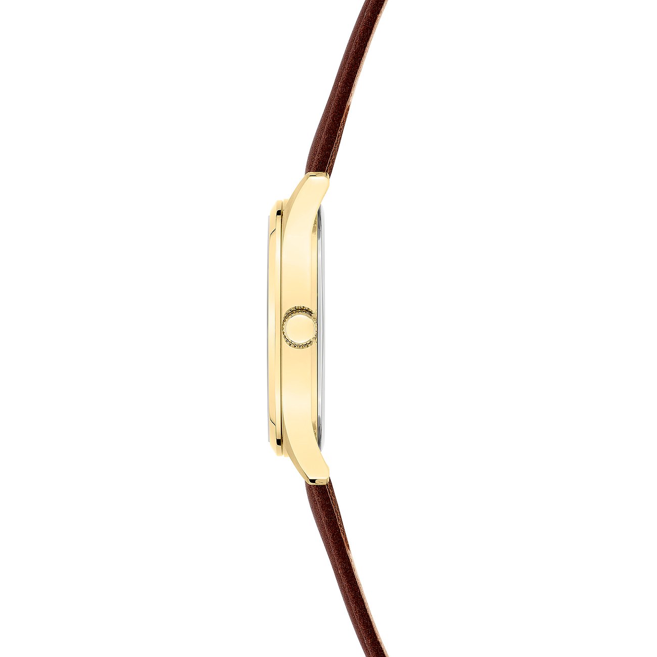 Sidovy av en Liebeskind damklocka i guldfärgat rostfritt stål med mörkbrunt läderarmband och krona.