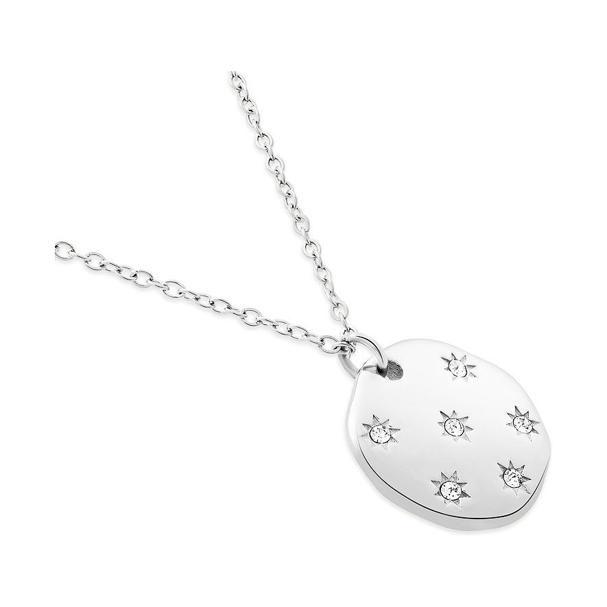 Dezente Tamaris Halskette aus glänzendem Edelstahl mit einem ovalen Anhänger, der mit funkelnden Zirkonia besetzt ist.