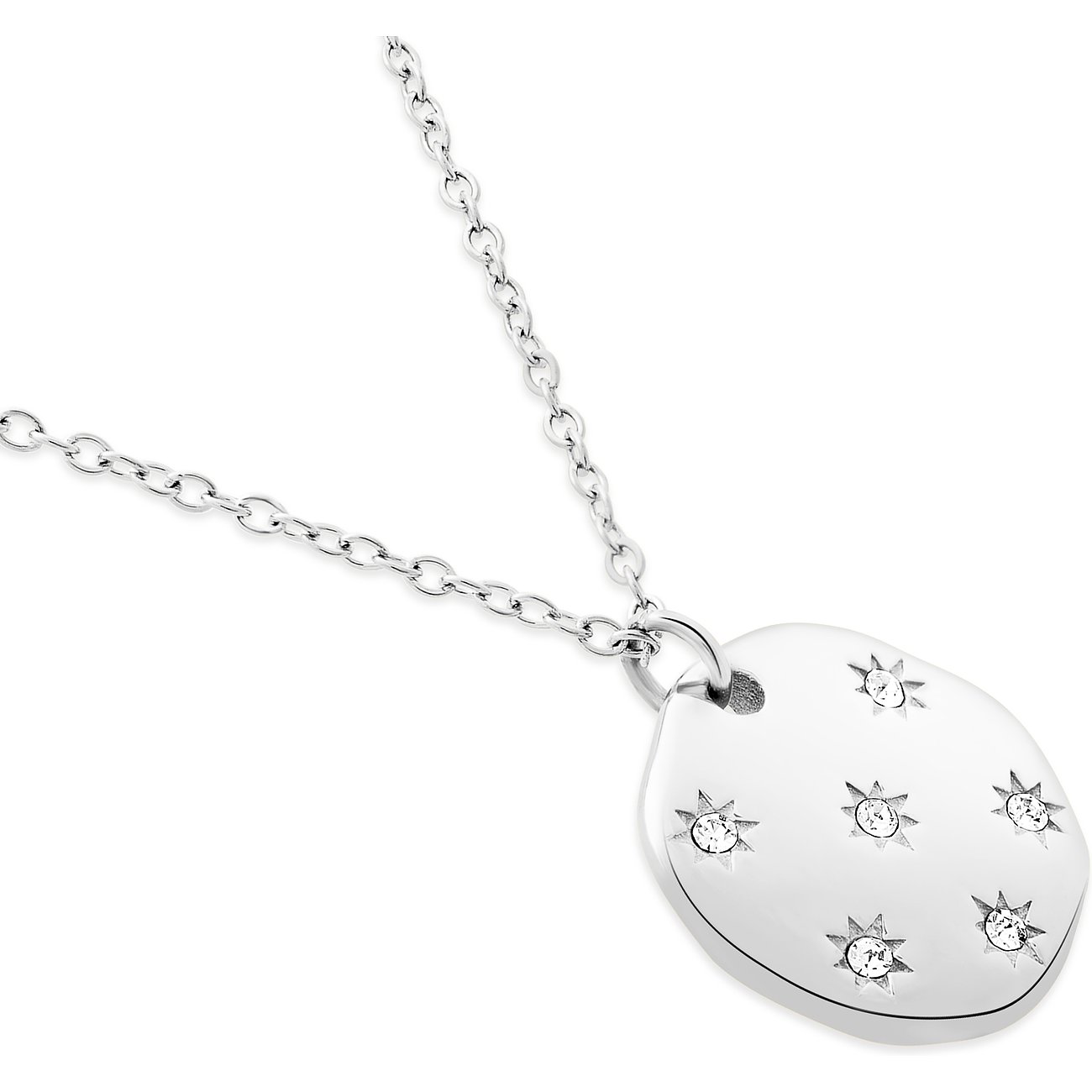 Dezente Tamaris Halskette aus glänzendem Edelstahl mit einem ovalen Anhänger, der mit funkelnden Zirkonia besetzt ist.