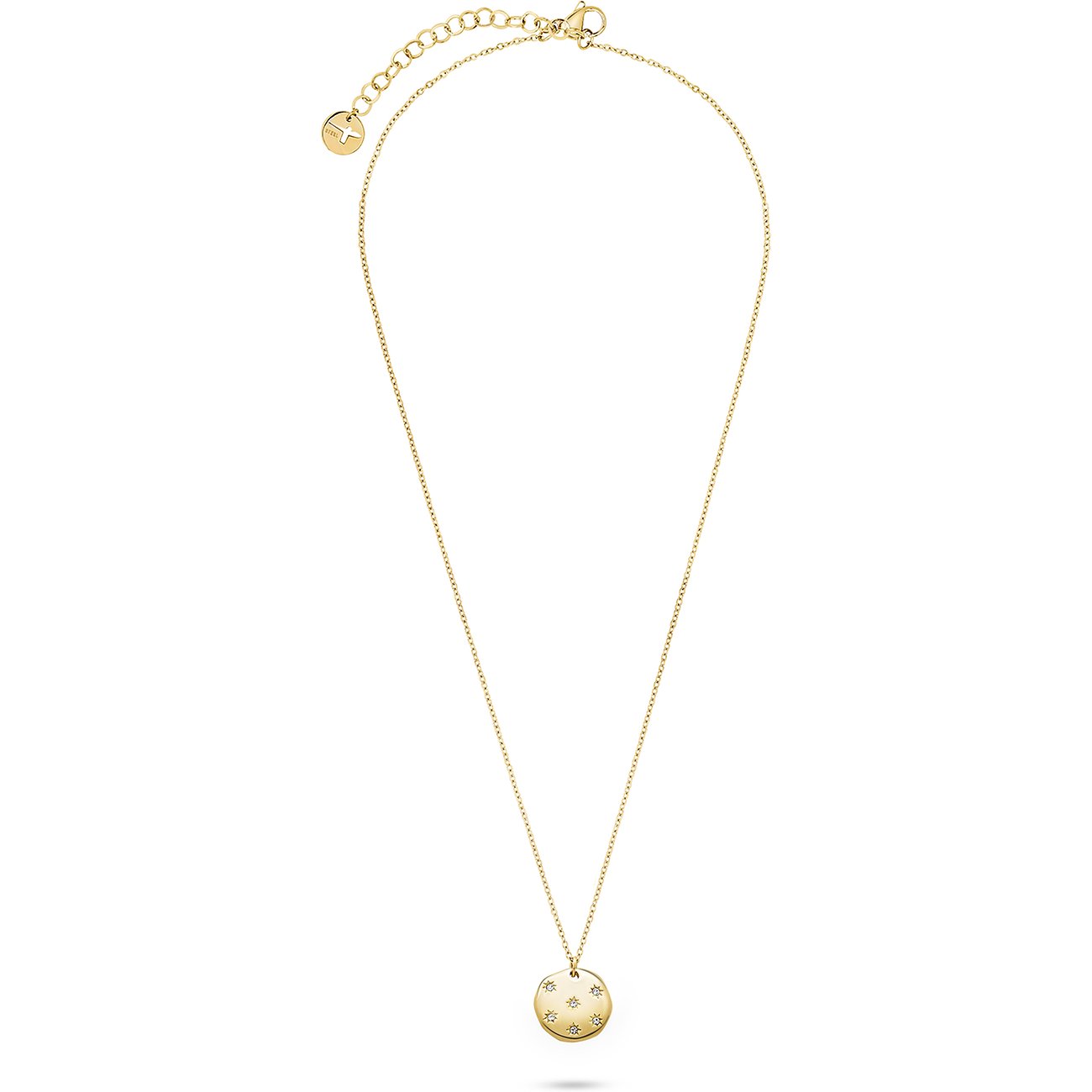 Tamaris ketting van goudkleurig roestvrij staal met ronde hanger, versierd met fonkelende zirkonia-kleurstenen.