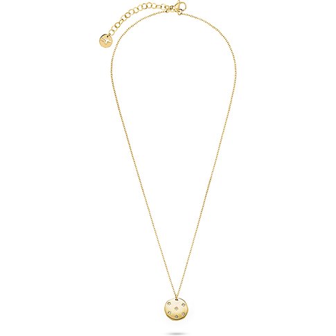 Tamaris Halskette aus goldfarbenem Edelstahl mit rundem Anhänger, verziert mit funkelnden Zirkonia-Farbsteinen.