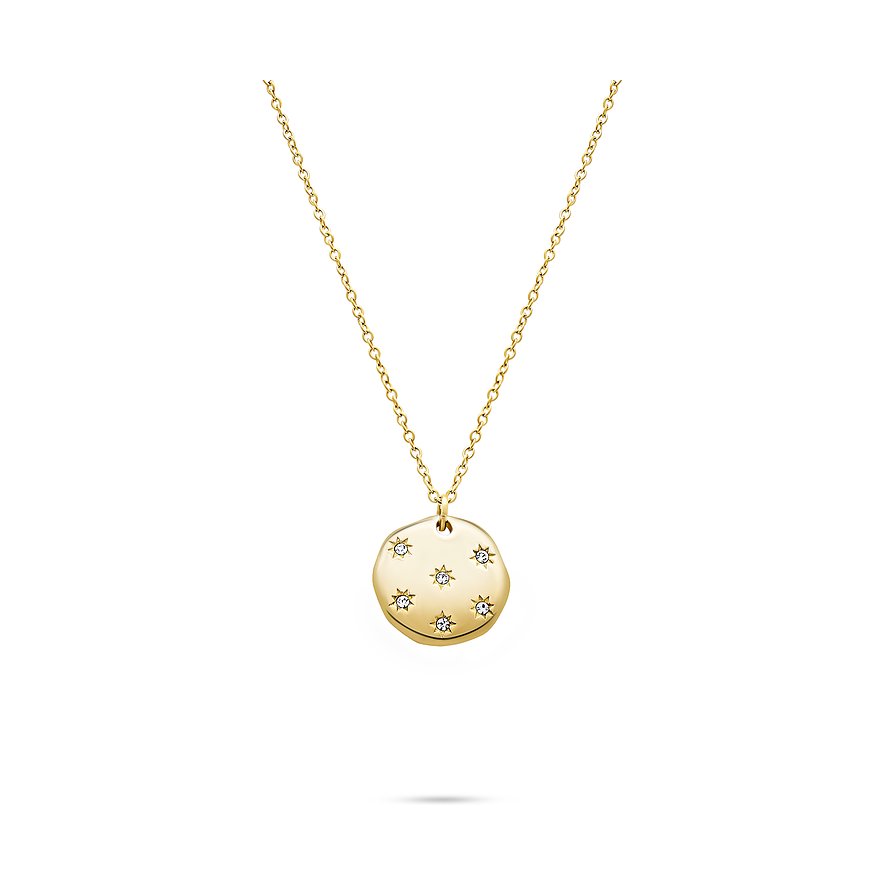 Tamaris-ontworpen goudkleurige roestvrijstalen ketting met ronde plaat, versierd met zirkonia-glitterstenen.