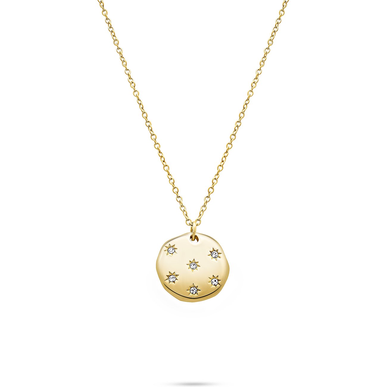 Tamaris-ontworpen goudkleurige roestvrijstalen ketting met ronde plaat, versierd met zirkonia-glitterstenen.