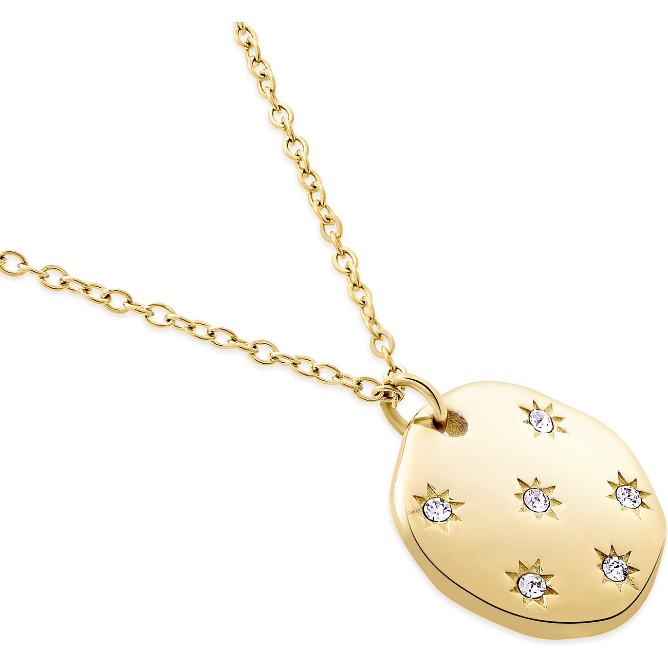 Tamaris ketting van goudkleurig edelstaal met ovale hanger, versierd met zes zirkonia kleurstenen.