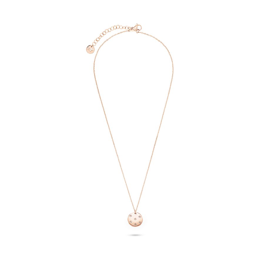 La collana Tamaris in acciaio inox color oro rosa ha un ciondolo rotondo con cinque pietre di zirconia colorate.