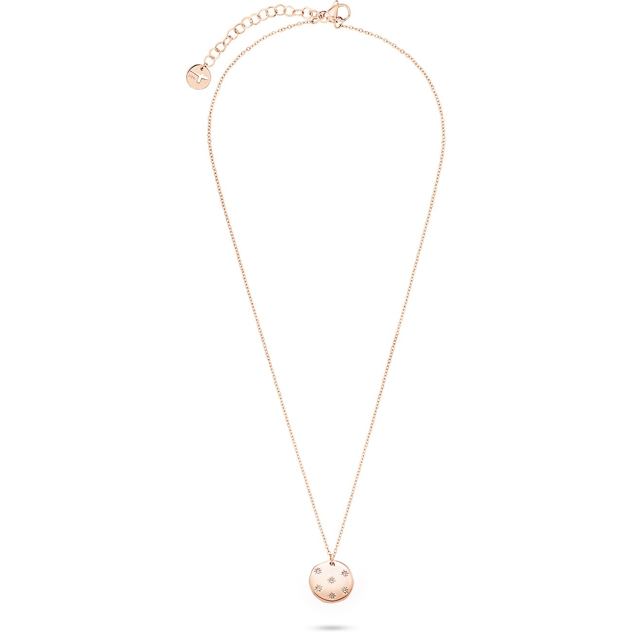 La collana Tamaris in acciaio inox color oro rosa ha un ciondolo rotondo con cinque pietre di zirconia colorate.