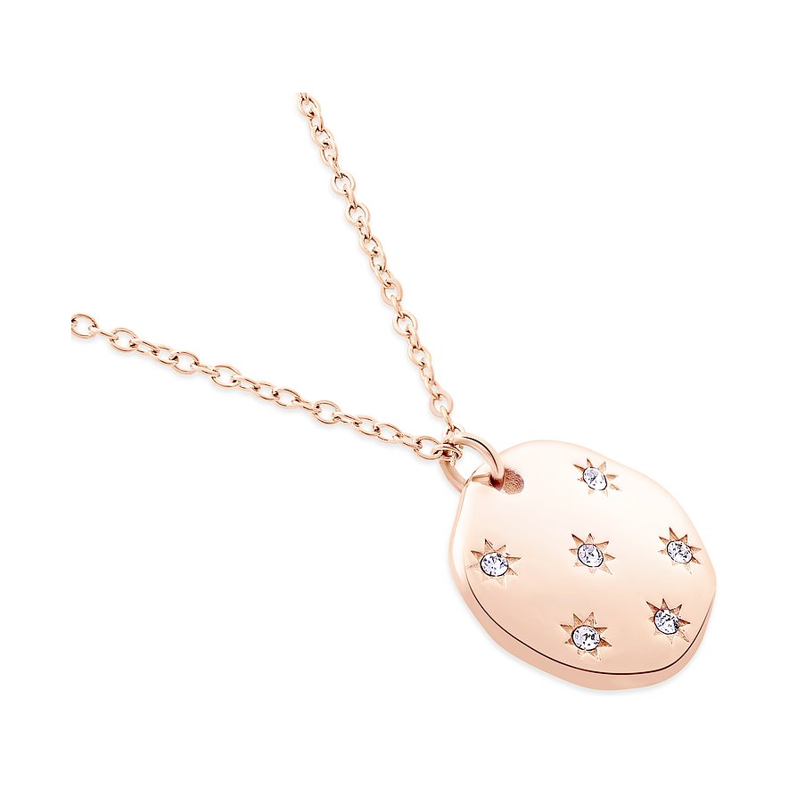 La delicata collana Tamaris in acciaio inossidabile lucido color oro rosa con pendente dalla forma irregolare.