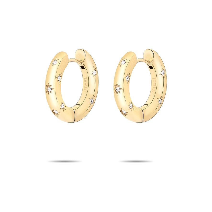 Ett par guldfärgade Tamaris creoler i rostfritt stål med glittrande stjärnor och glasstenar.