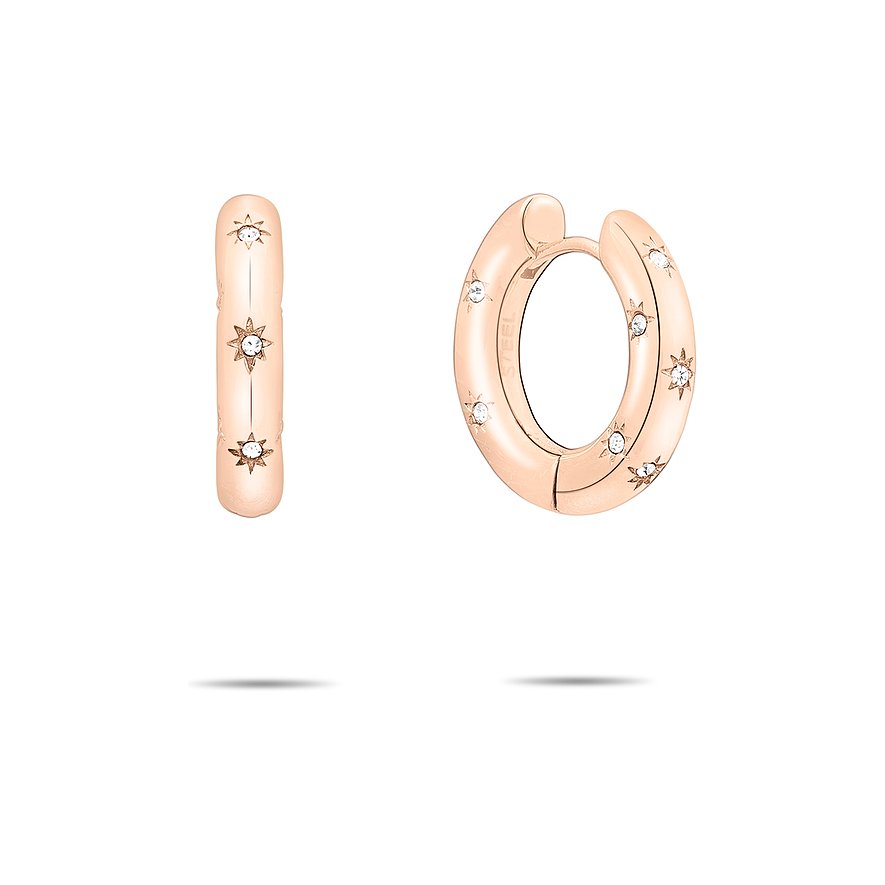 Zwei roségoldfarbene Tamaris Ohrringe aus Edelstahl, besetzt mit funkelnden Glassteinen in Sternchenform.