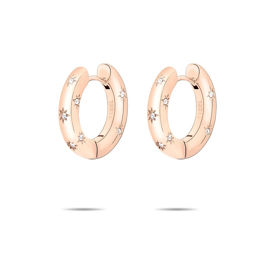 Ein Paar roségoldfarbene Tamaris Creolen aus Edelstahl mit funkelnden Sternen und klaren Glassteinen.