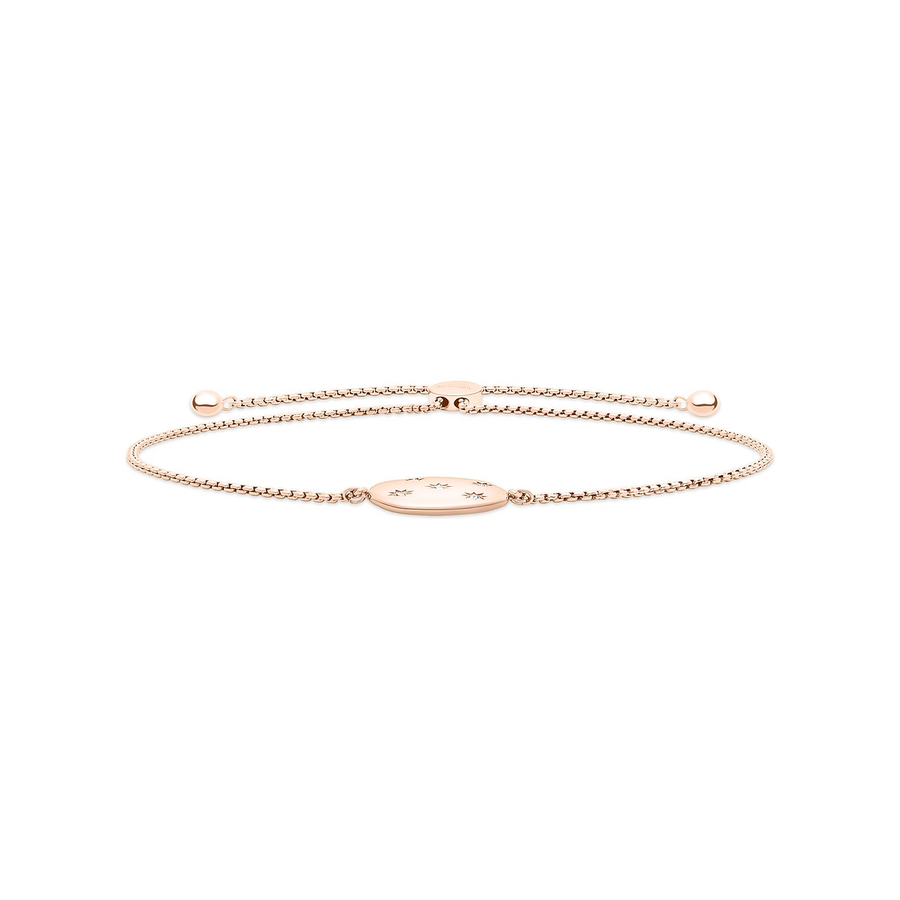 Close-up eines Tamaris Armbands aus roségoldfarbenem Edelstahl mit verstellbarer Schließe und ovalem Element.