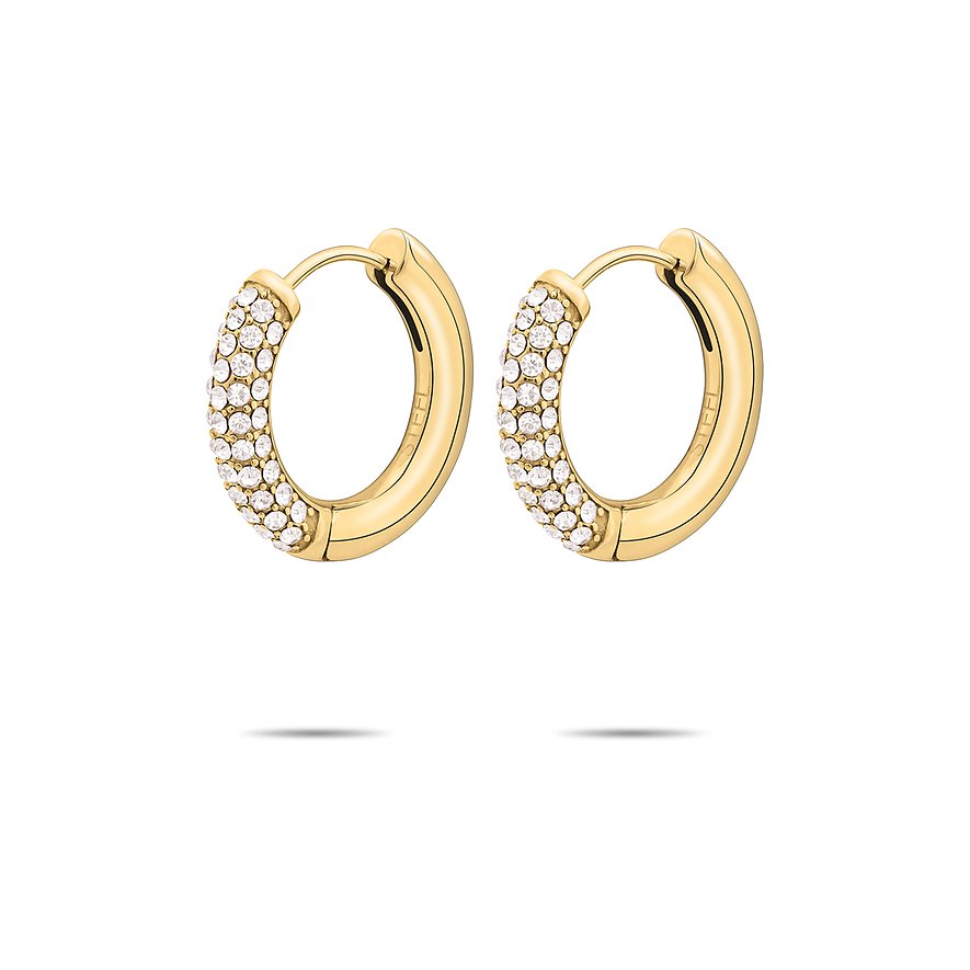 Två guldfärgade Tamaris creoler i rostfritt stål, ena sidan rikt dekorerad med glittrande glasstenar.