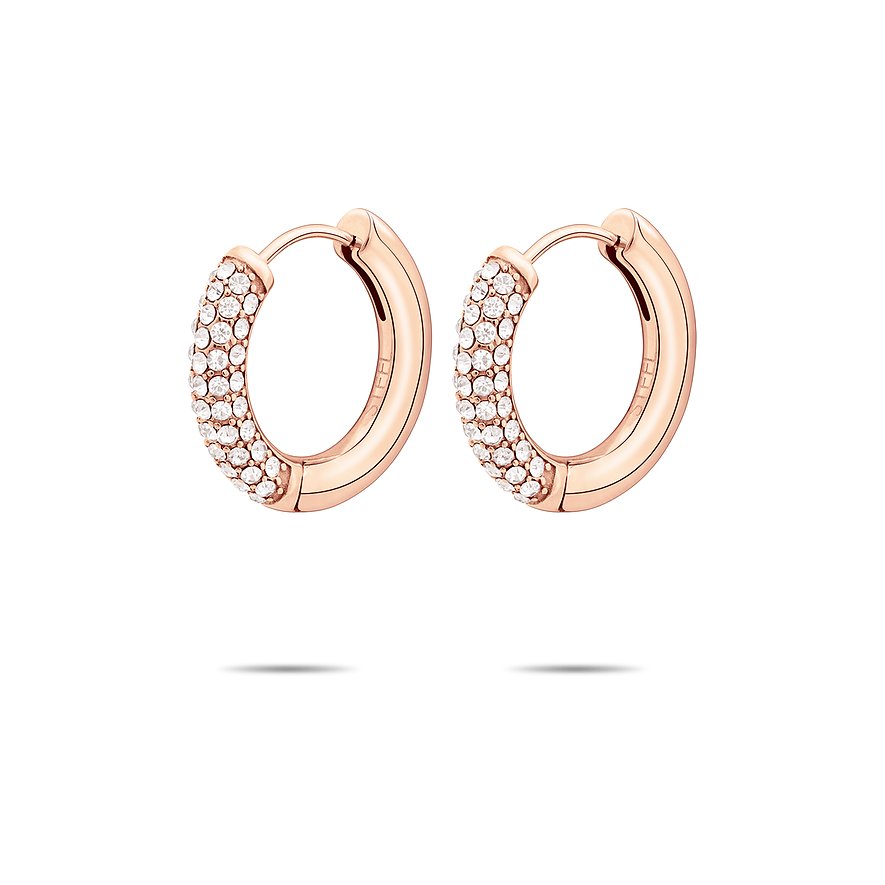 Ett par roséguld Tamaris creoler i rostfritt stål, delvis dekorerade med gnistrande glasstenar.