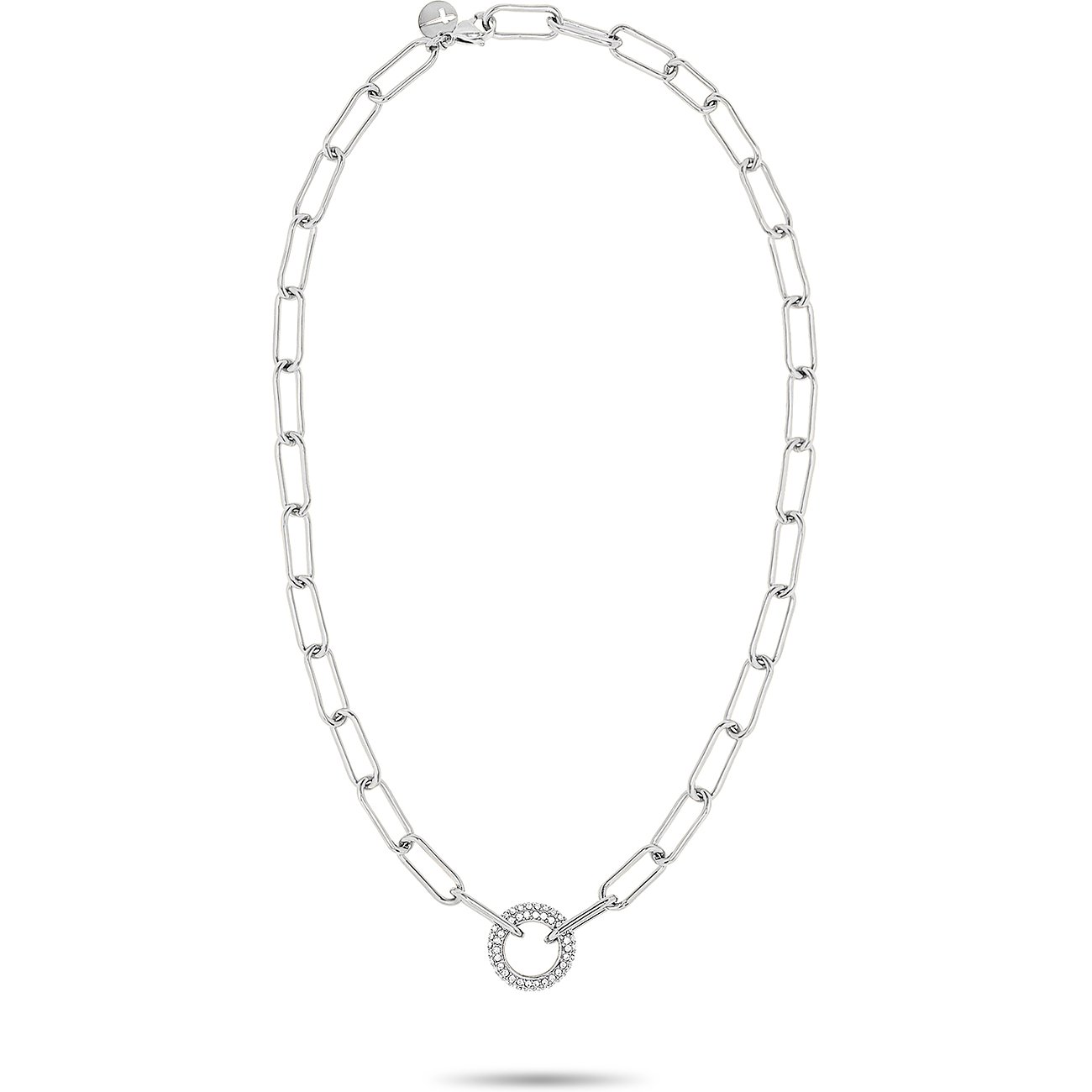 Tamaris Edelstahl-Halskette mit Gliederkette und kreisförmigem Anhänger, besetzt mit funkelnden Glassteinen.