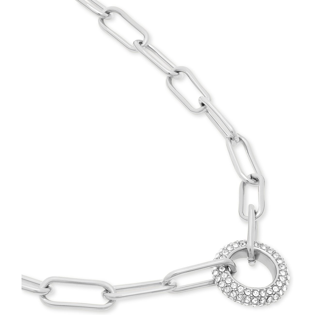 Nahaufnahme einer Tamaris Halskette aus Edelstahl mit länglichen Gliedern und einem ringförmigen Anhänger mit Glassteinen.