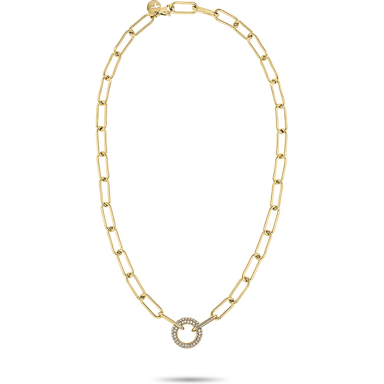 Primo piano: Collana Tamaris in acciaio inossidabile dorato lucido con maglie grandi e pendente rotondo in vetro.