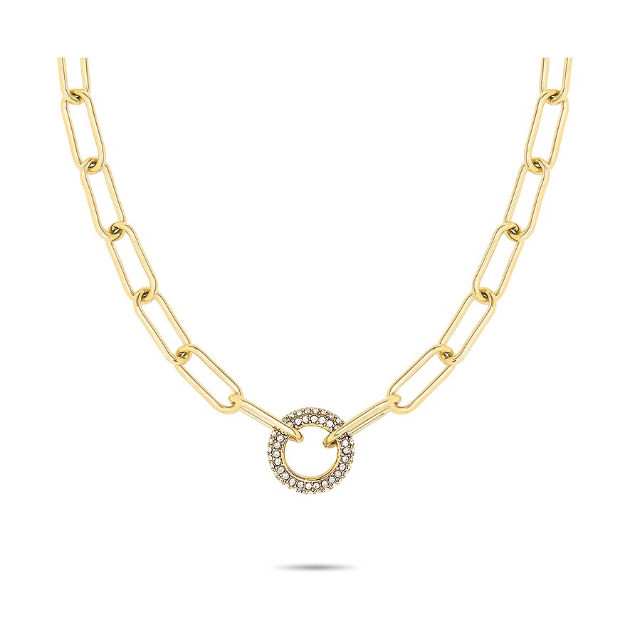 Primo piano collana Tamaris in acciaio inox color oro, maglie grandi e pendente rotondo con pietre di vetro.