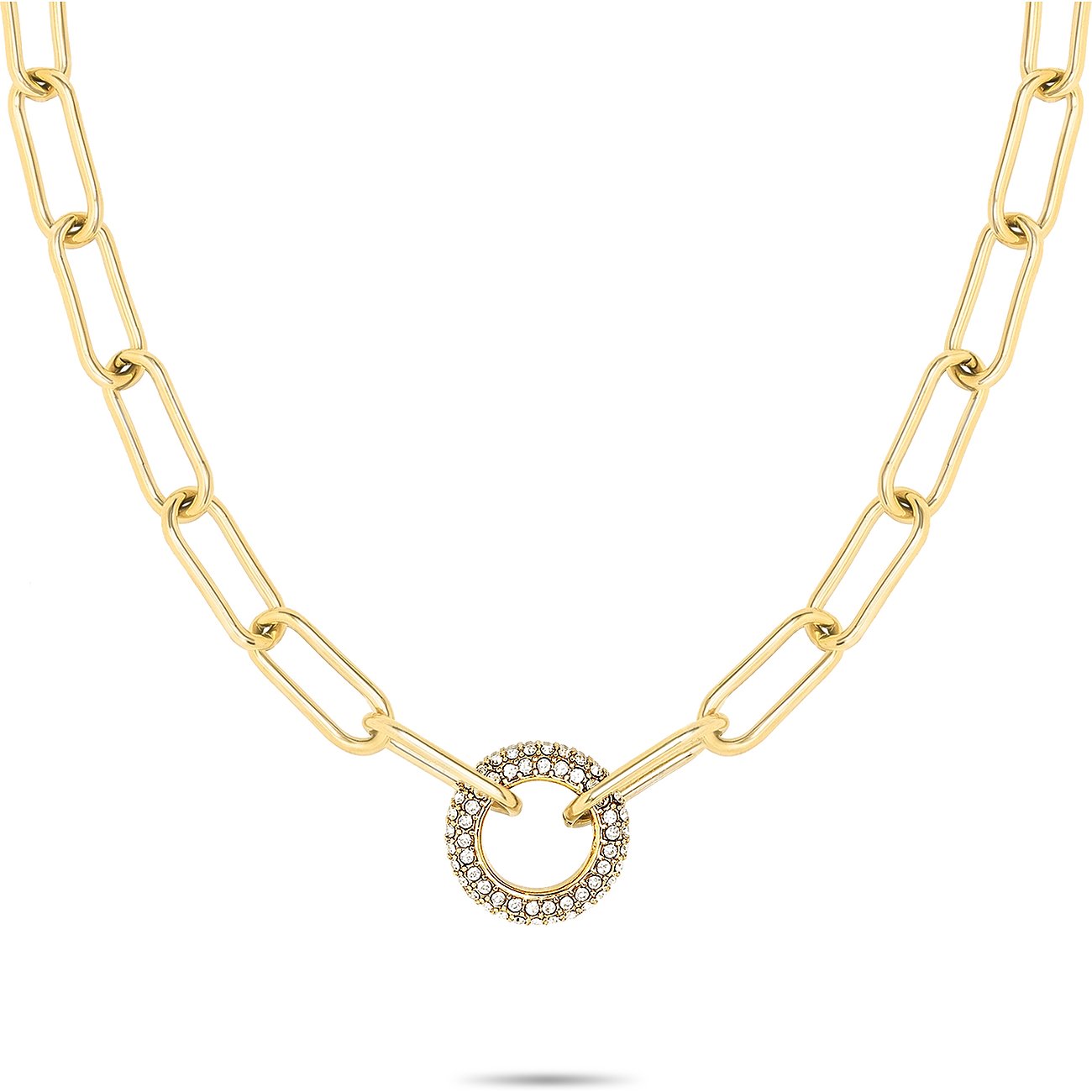 Primo piano collana Tamaris in acciaio inox color oro, maglie grandi e pendente rotondo con pietre di vetro.