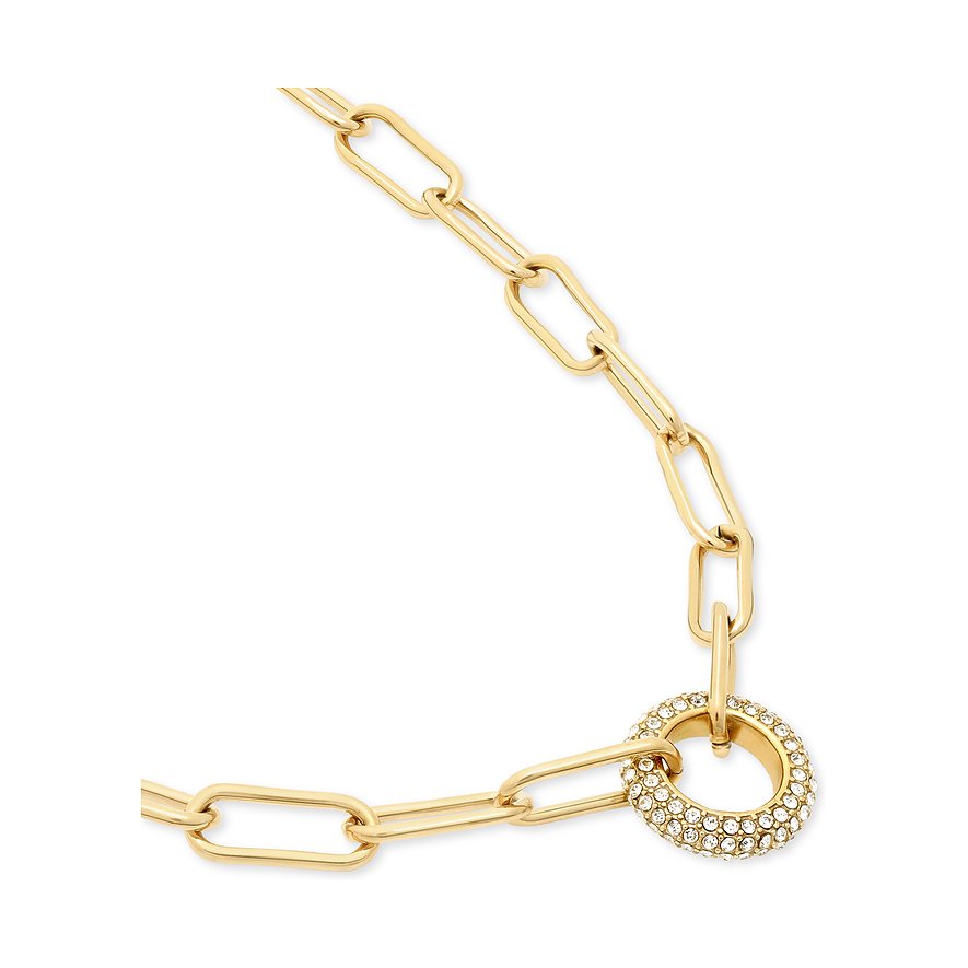 Una collana Tamaris color oro in acciaio inossidabile con maglie allungate e ciondolo rotondo con pietra di vetro.