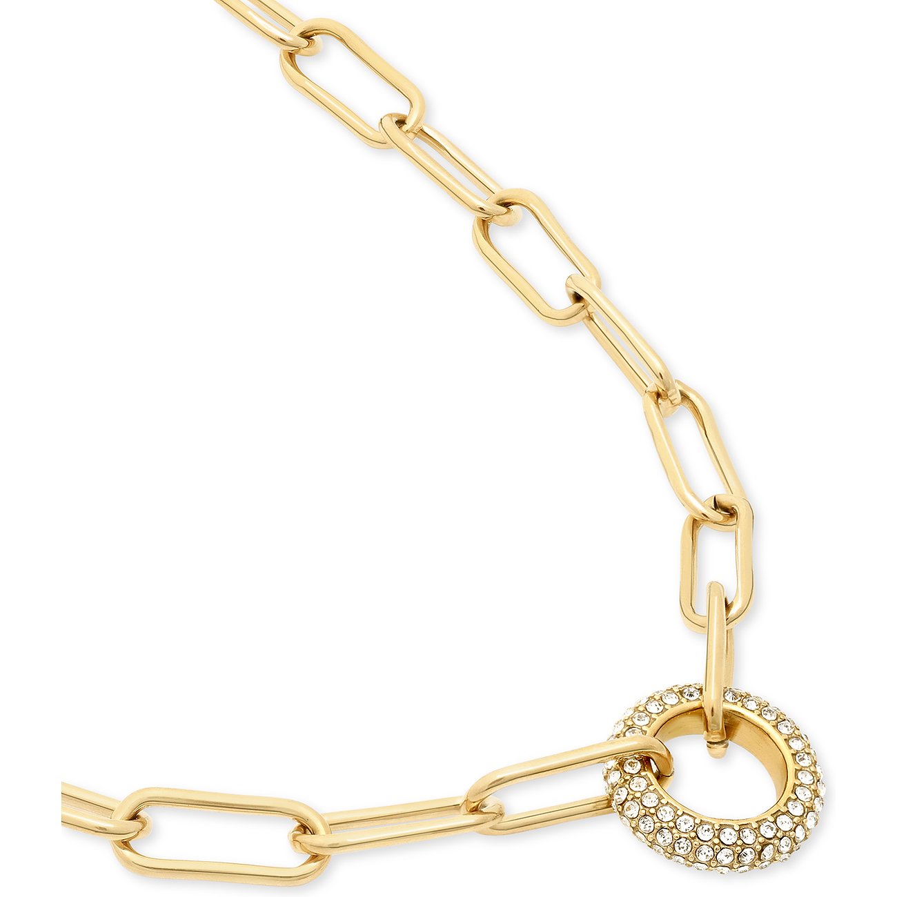 Una collana Tamaris color oro in acciaio inossidabile con maglie allungate e ciondolo rotondo con pietra di vetro.