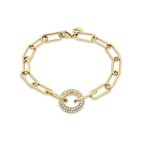 Ein goldenes Tamaris Armband aus Edelstahl mit rechteckigen Gliedern und einem runden Glasstein-Element in der Mitte.