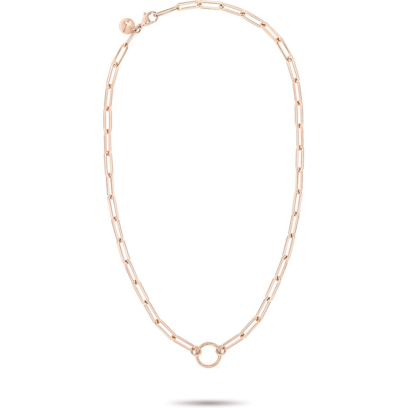 Primo piano di una collana Tamaris in acciaio inossidabile color oro rosa con maglie allungate e chiusura tonda.