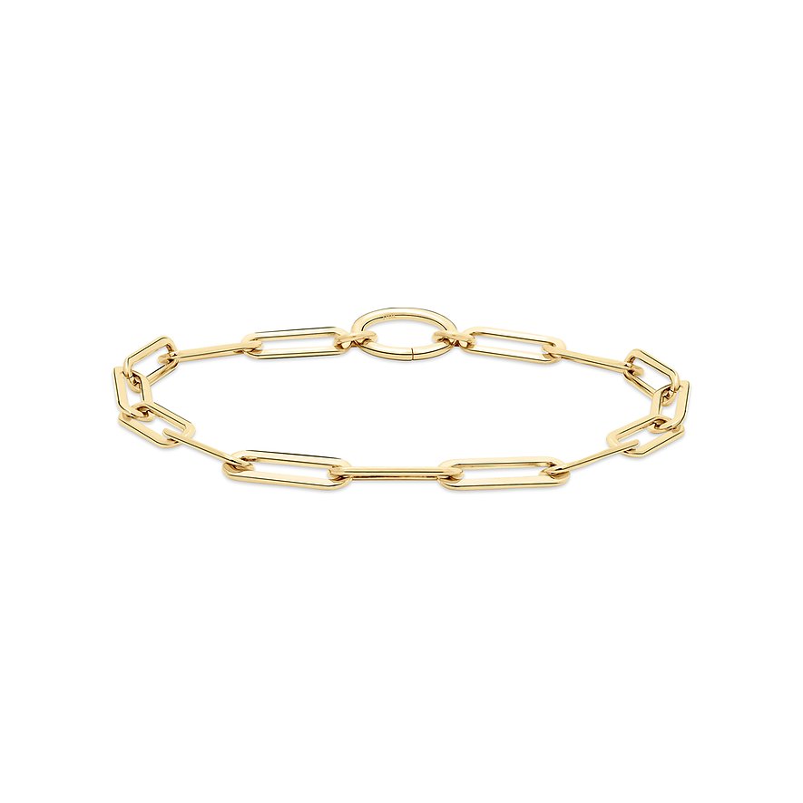 Tamaris Armband aus goldfarbenem Edelstahl mit großen, rechteckigen Kettengliedern und rundem Verschluss.