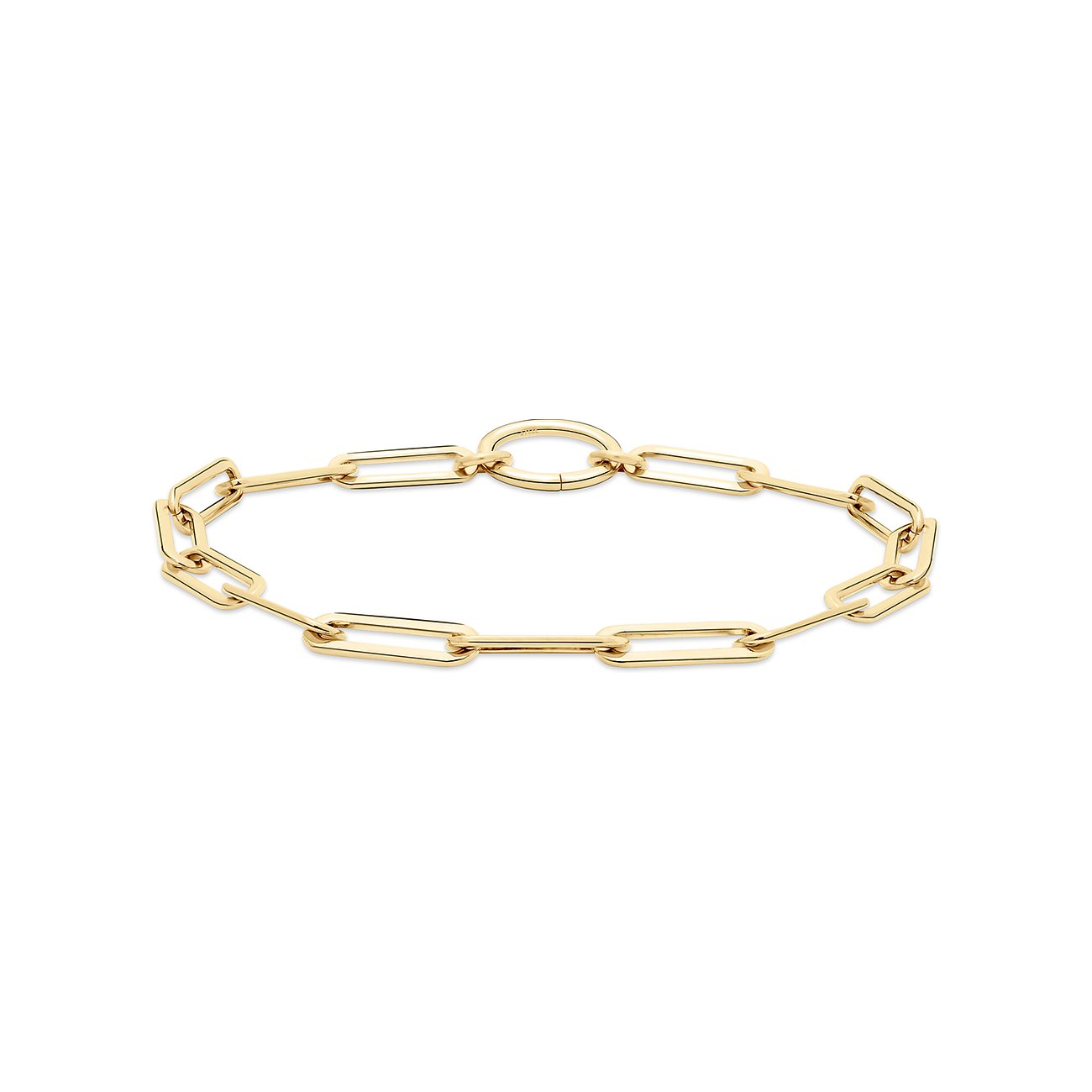 Tamaris Armband aus goldfarbenem Edelstahl mit großen, rechteckigen Kettengliedern und rundem Verschluss.