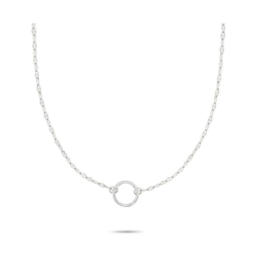 Eine Tamaris Halskette aus Edelstahl mit einer zarten Gliederkette und einem zentralen, runden, offenen Anhänger.