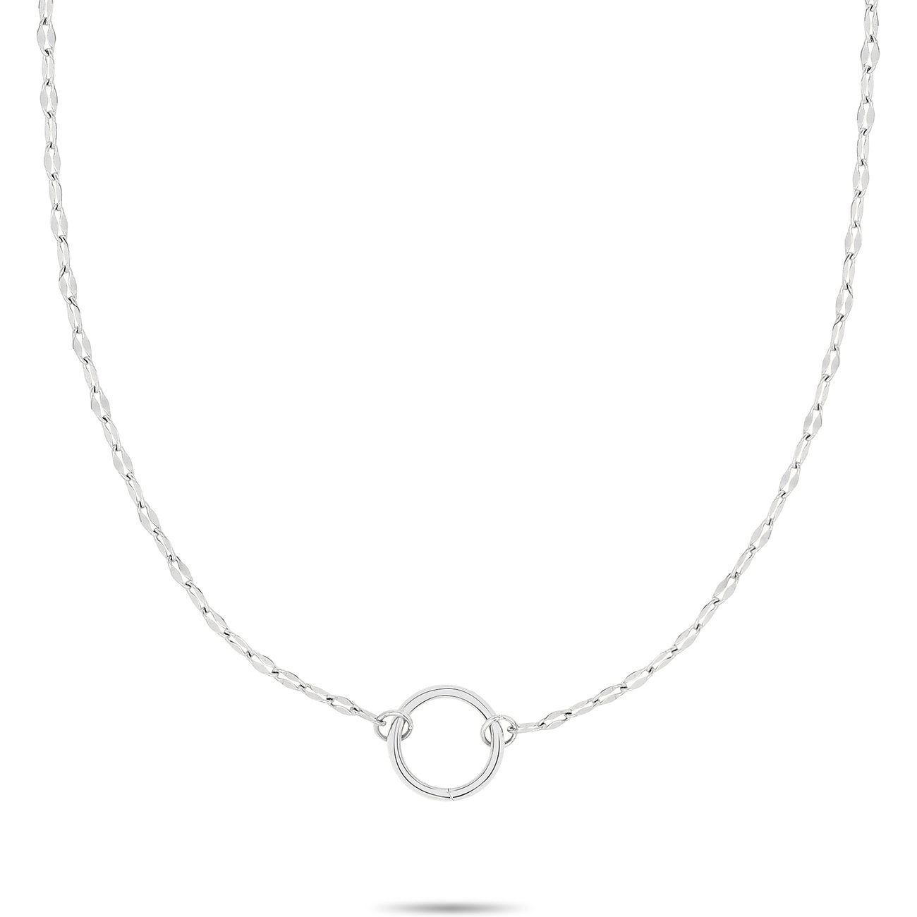 Eine Tamaris Halskette aus Edelstahl mit einer zarten Gliederkette und einem zentralen, runden, offenen Anhänger.